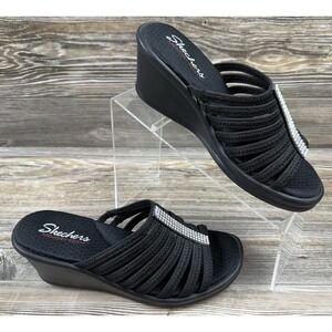 Skechers Womens 9 Rumblers Hot Shot Black Rhinestone Wedge Sandal Memory Foam